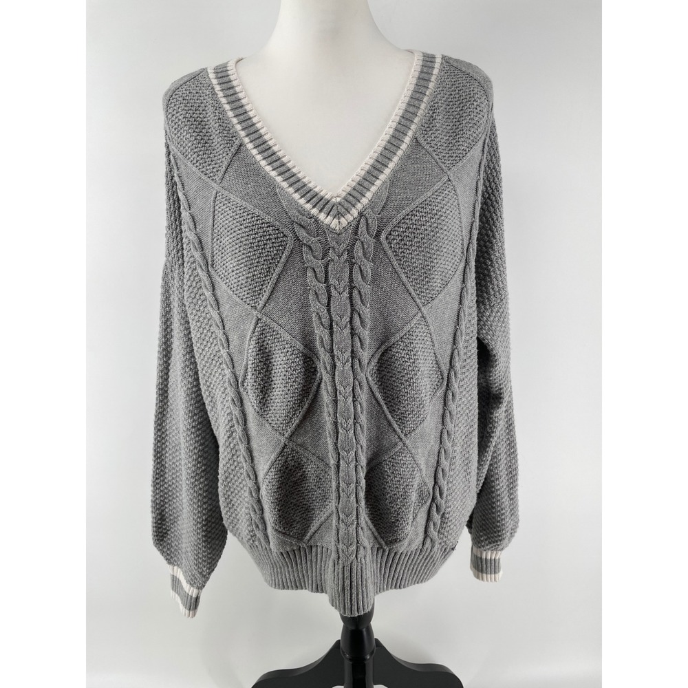 Hollister V-Neck Sweater Womens Large Grey Chunky Cable Knit Academia Tennis